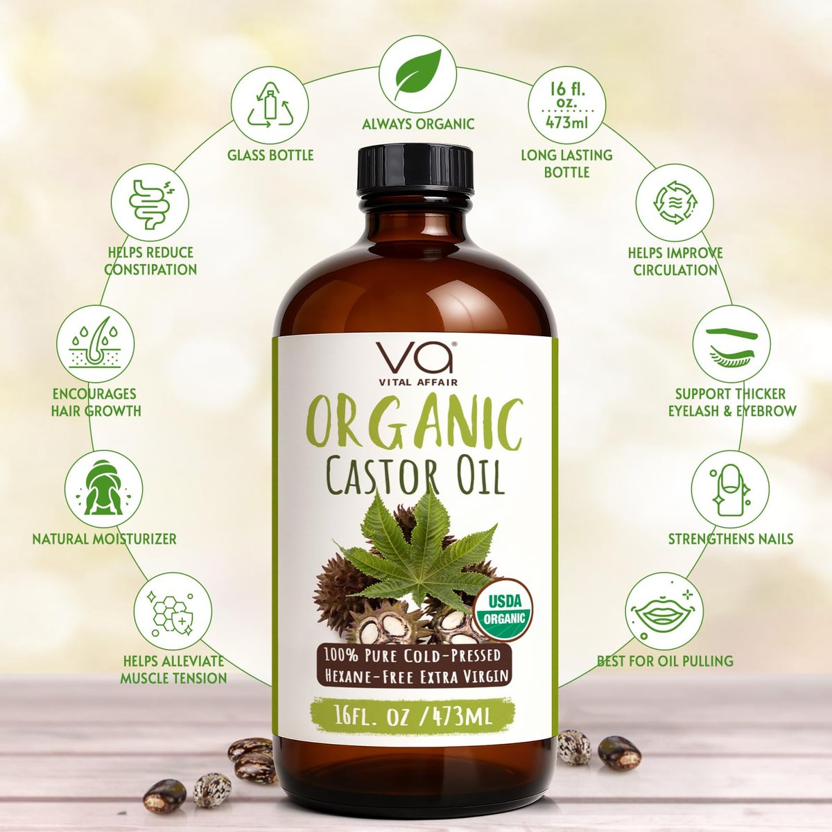VITAL AFFAIR Castor Oil Pack Wrap Kit – USDA Organic, Cold-Pressed Hexane-Free Castor Oil (16 oz) with Adjustable Cotton Flannel Waist & Neck Wraps – Made in USA for Liver, Abdominal & Detox Therapy Avelisse