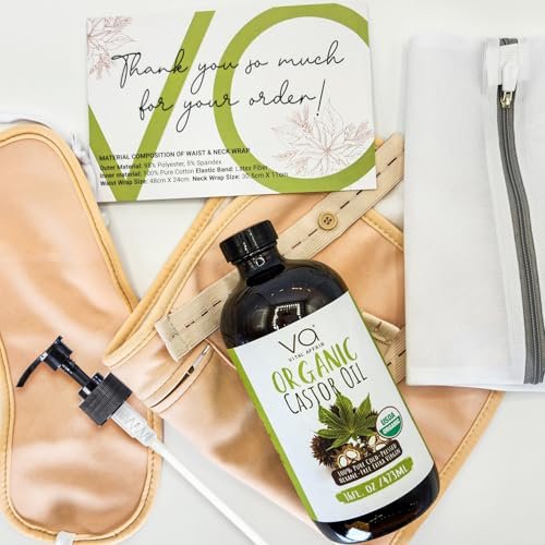 VITAL AFFAIR Castor Oil Pack Wrap Kit – USDA Organic, Cold-Pressed Hexane-Free Castor Oil (16 oz) with Adjustable Cotton Flannel Waist & Neck Wraps – Made in USA for Liver, Abdominal & Detox Therapy Avelisse