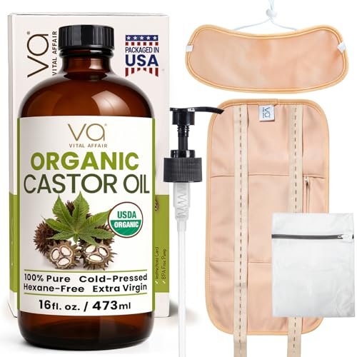 VITAL AFFAIR Castor Oil Pack Wrap Kit – USDA Organic, Cold-Pressed Hexane-Free Castor Oil (16 oz) with Adjustable Cotton Flannel Waist & Neck Wraps – Made in USA for Liver, Abdominal & Detox Therapy Avelisse