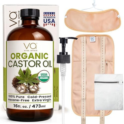 VITAL AFFAIR Castor Oil Pack Wrap Kit – USDA Organic, Cold-Pressed Hexane-Free Castor Oil (16 oz) with Adjustable Cotton Flannel Waist & Neck Wraps – Made in USA for Liver, Abdominal & Detox Therapy Avelisse