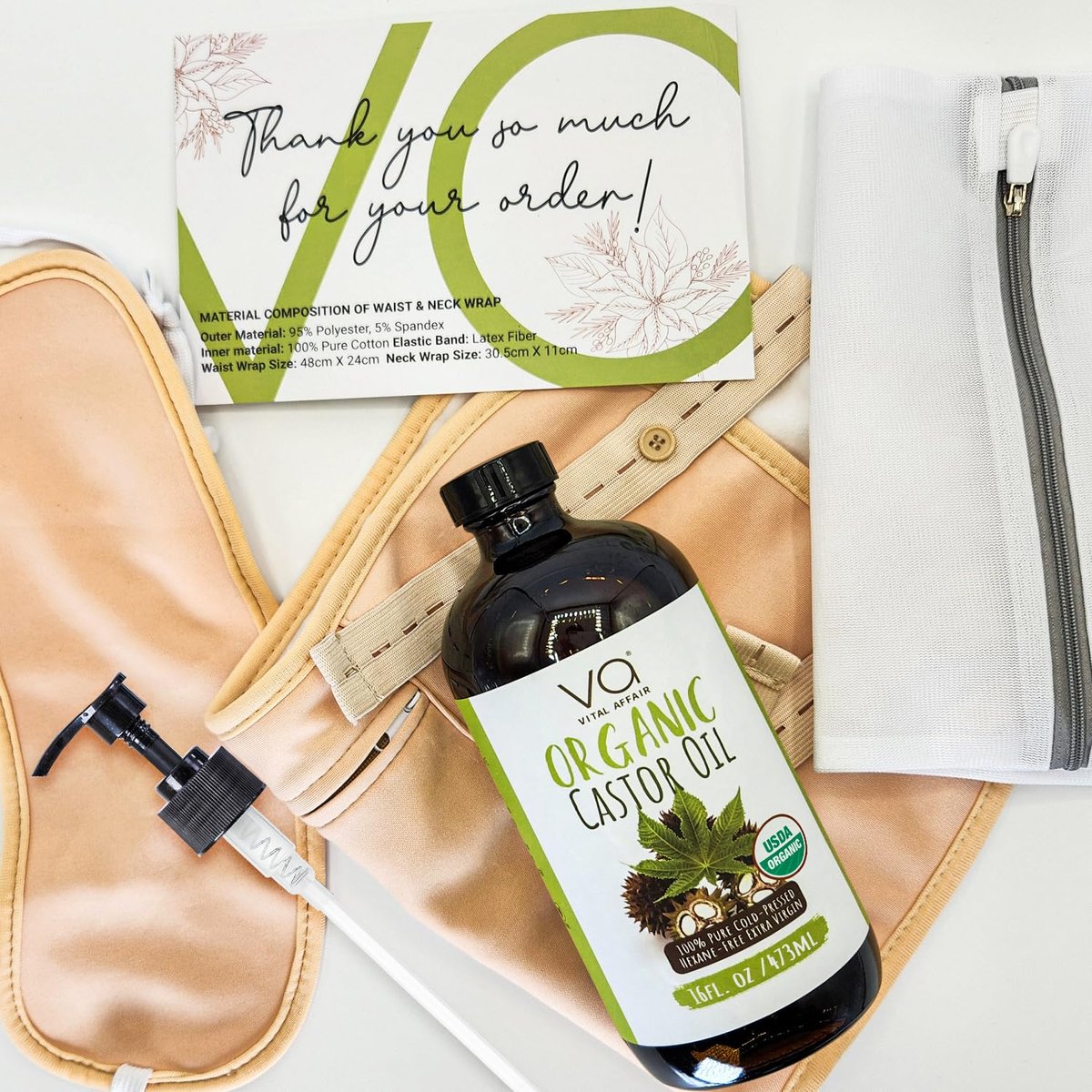 VITAL AFFAIR Castor Oil Pack Wrap Kit – USDA Organic, Cold-Pressed Hexane-Free Castor Oil (16 oz) with Adjustable Cotton Flannel Waist & Neck Wraps – Made in USA for Liver, Abdominal & Detox Therapy Avelisse