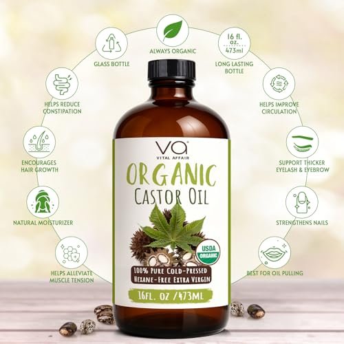 VITAL AFFAIR Castor Oil Pack Wrap Kit – USDA Organic, Cold-Pressed Hexane-Free Castor Oil (16 oz) with Adjustable Cotton Flannel Waist & Neck Wraps – Made in USA for Liver, Abdominal & Detox Therapy Avelisse