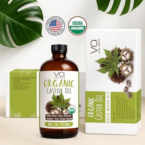 VITAL AFFAIR Castor Oil Pack Wrap Kit – USDA Organic, Cold-Pressed Hexane-Free Castor Oil (16 oz) with Adjustable Cotton Flannel Waist & Neck Wraps – Made in USA for Liver, Abdominal & Detox Therapy Avelisse