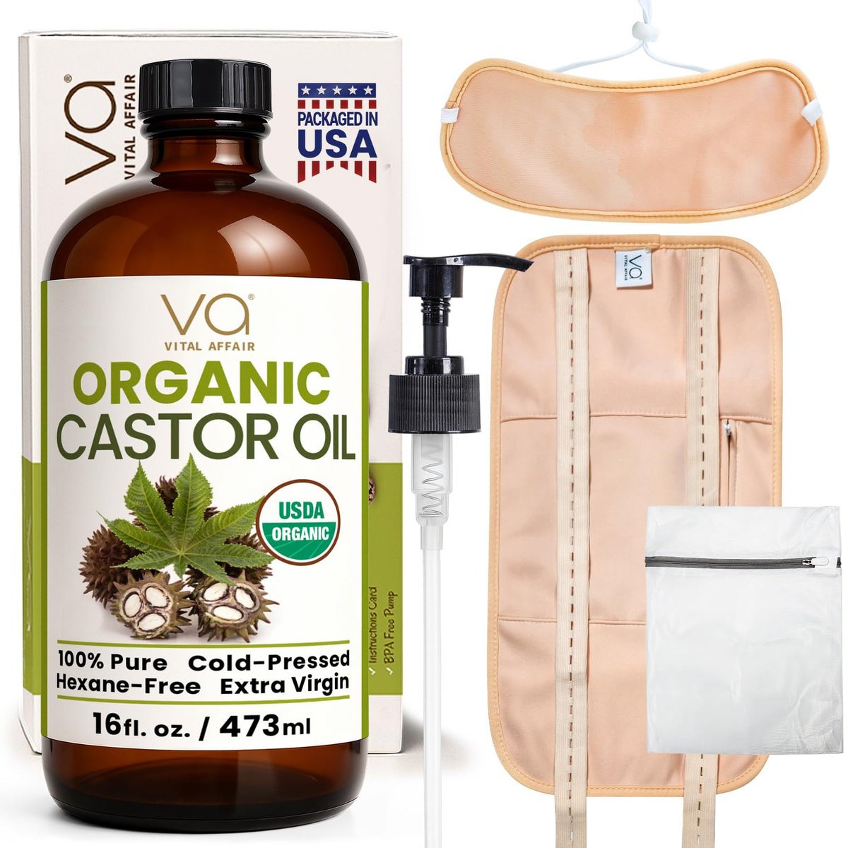 VITAL AFFAIR Castor Oil Pack Wrap Kit – USDA Organic, Cold-Pressed Hexane-Free Castor Oil (16 oz) with Adjustable Cotton Flannel Waist & Neck Wraps – Made in USA for Liver, Abdominal & Detox Therapy Avelisse
