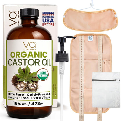 VITAL AFFAIR Castor Oil Pack Wrap Kit – USDA Organic, Cold-Pressed Hexane-Free Castor Oil (16 oz) with Adjustable Cotton Flannel Waist & Neck Wraps – Made in USA for Liver, Abdominal & Detox Therapy Avelisse