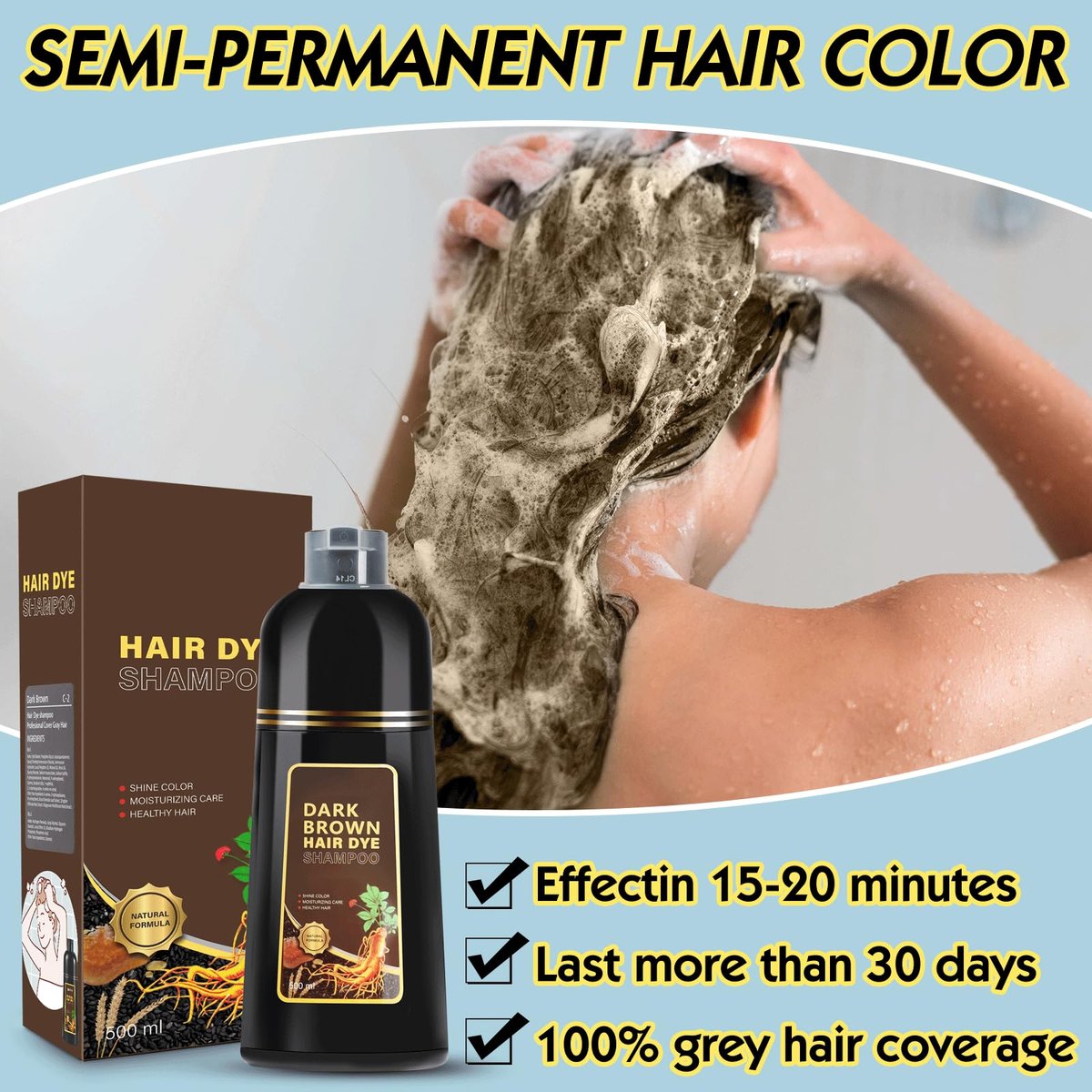 QWXPLD 3-in-1 Hair Dye Shampoo – Dark Brown, Herbal Gray Coverage for Women & Men, 16.9 Fl Oz - görsel 13