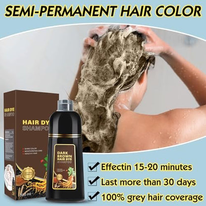 QWXPLD 3-in-1 Hair Dye Shampoo – Dark Brown, Herbal Gray Coverage for Women & Men, 16.9 Fl Oz