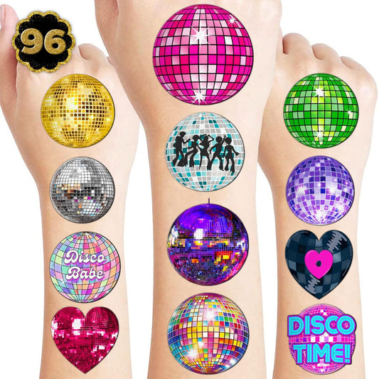 96-Pack Disco Ball Temporary Tattoos – 70s Themed Birthday Party Favors for Kids and Adults
