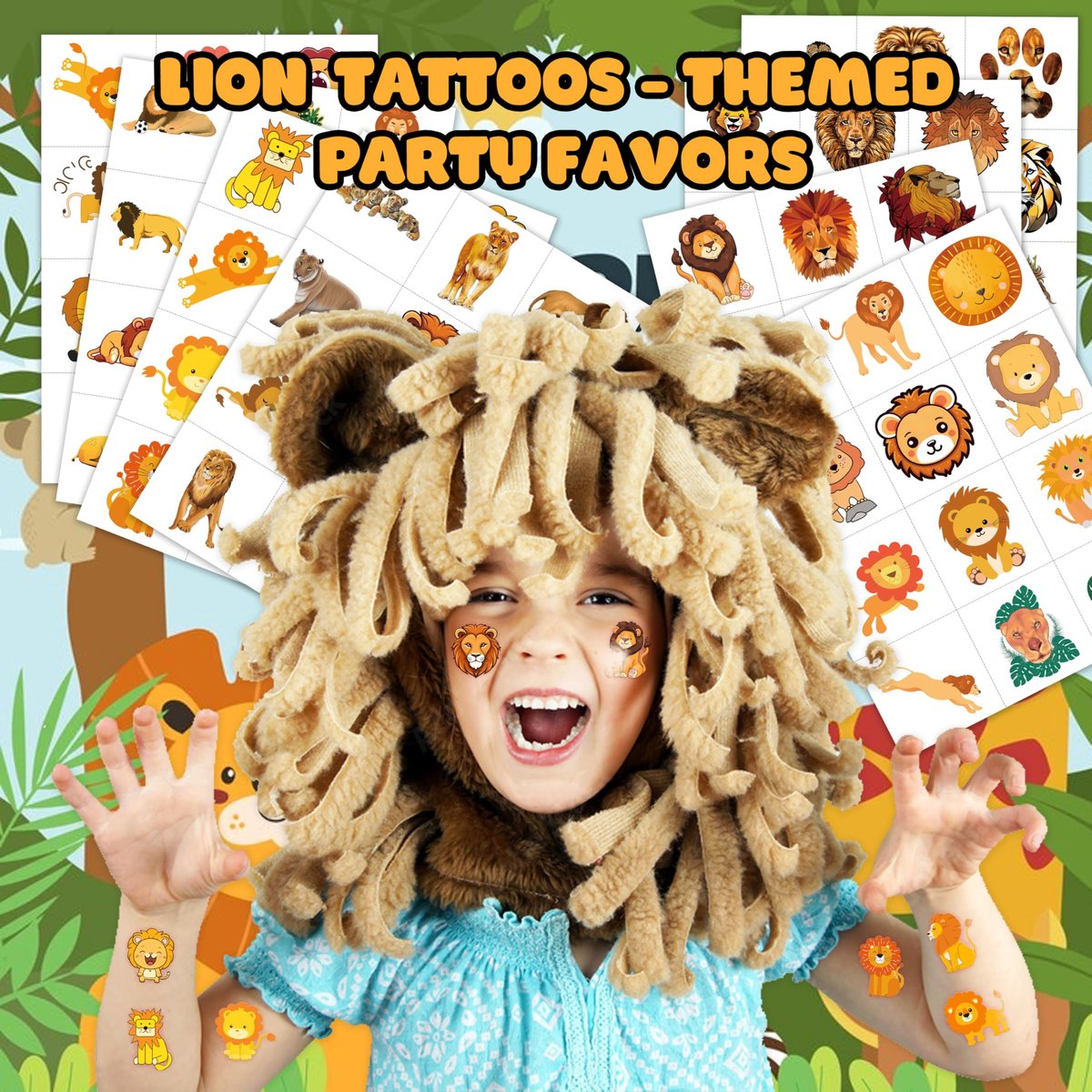 96 PCS Cute Lion Pre-Cut Temporary Tattoos – Safari Jungle Theme Party Decorations, Favors & Stickers for Kids, Adults, Boys, Girls, Classroom Gifts & Rewards - görsel 3