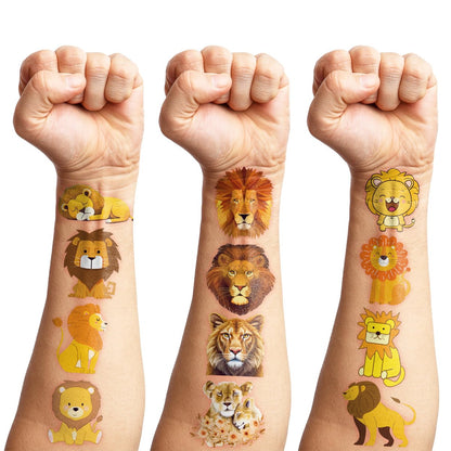 96 PCS Cute Lion Pre-Cut Temporary Tattoos – Safari Jungle Theme Party Decorations, Favors & Stickers for Kids, Adults, Boys, Girls, Classroom Gifts & Rewards