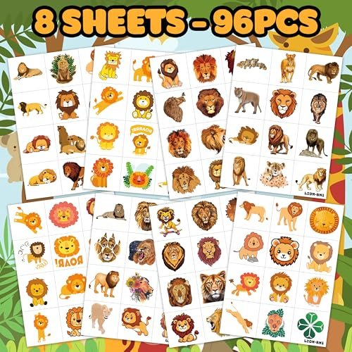 96 PCS Cute Lion Pre-Cut Temporary Tattoos – Safari Jungle Theme Party Decorations, Favors & Stickers for Kids, Adults, Boys, Girls, Classroom Gifts & Rewards - görsel 6