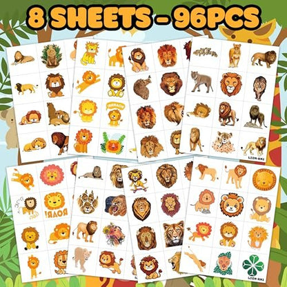 96 PCS Cute Lion Pre-Cut Temporary Tattoos – Safari Jungle Theme Party Decorations, Favors & Stickers for Kids, Adults, Boys, Girls, Classroom Gifts & Rewards