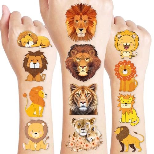 96 PCS Cute Lion Pre-Cut Temporary Tattoos – Safari Jungle Theme Party Decorations, Favors & Stickers for Kids, Adults, Boys, Girls, Classroom Gifts & Rewards - görsel 2