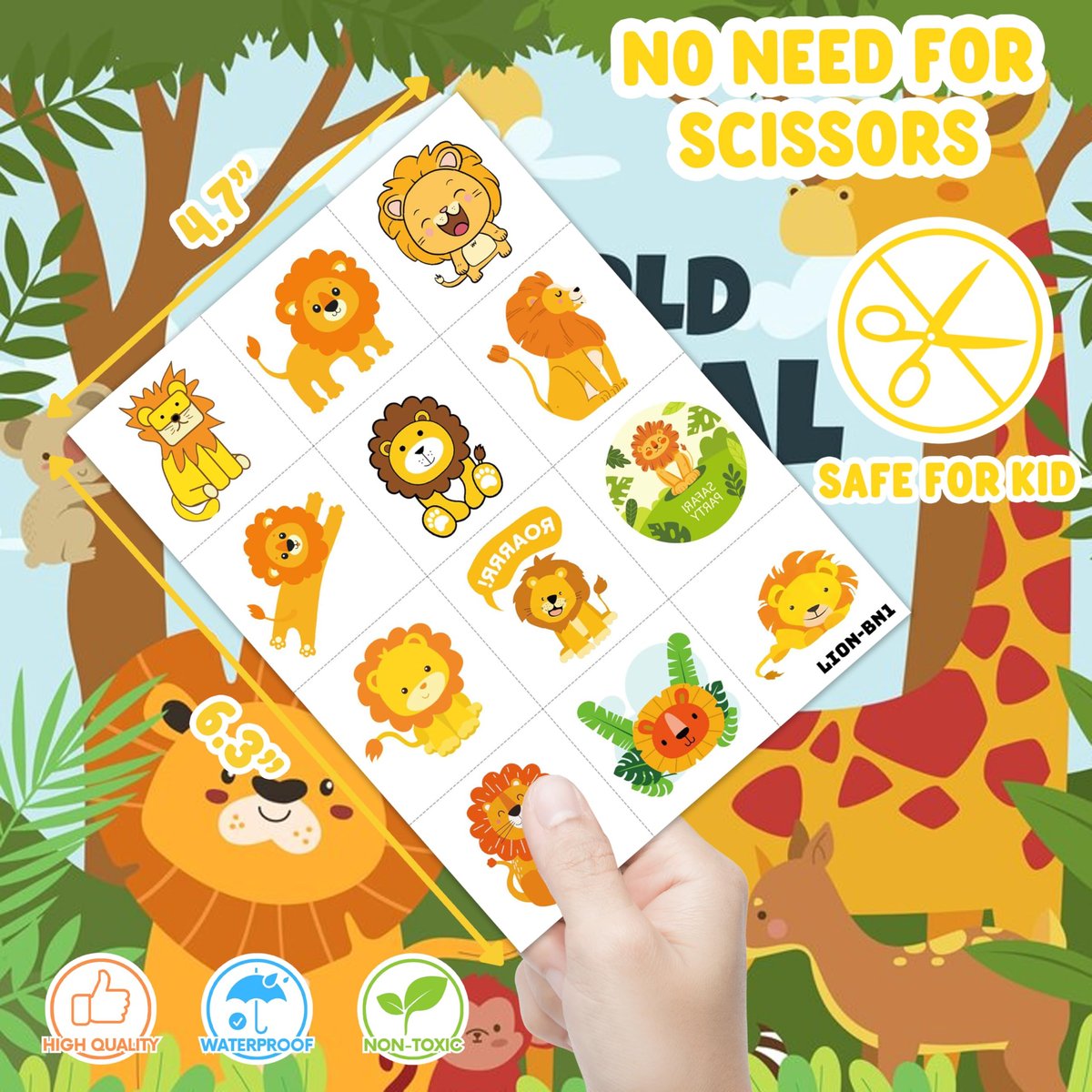 96 PCS Cute Lion Pre-Cut Temporary Tattoos – Safari Jungle Theme Party Decorations, Favors & Stickers for Kids, Adults, Boys, Girls, Classroom Gifts & Rewards - görsel 7