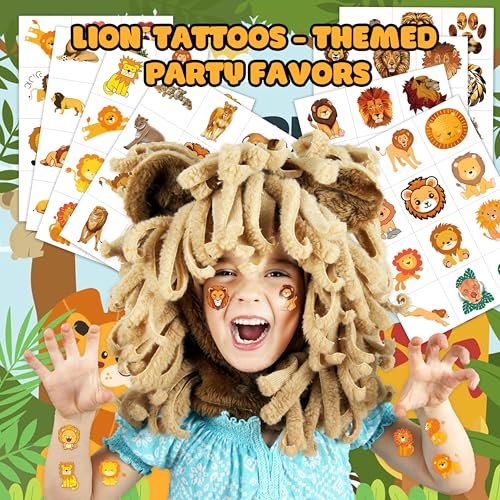 96 PCS Cute Lion Pre-Cut Temporary Tattoos – Safari Jungle Theme Party Decorations, Favors & Stickers for Kids, Adults, Boys, Girls, Classroom Gifts & Rewards - görsel 4