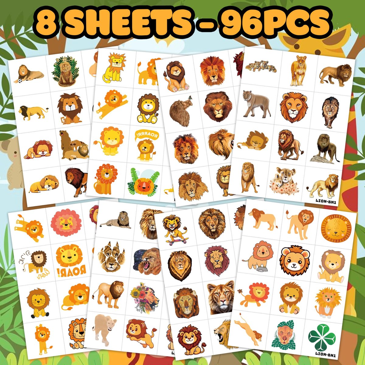 96 PCS Cute Lion Pre-Cut Temporary Tattoos – Safari Jungle Theme Party Decorations, Favors & Stickers for Kids, Adults, Boys, Girls, Classroom Gifts & Rewards - görsel 5