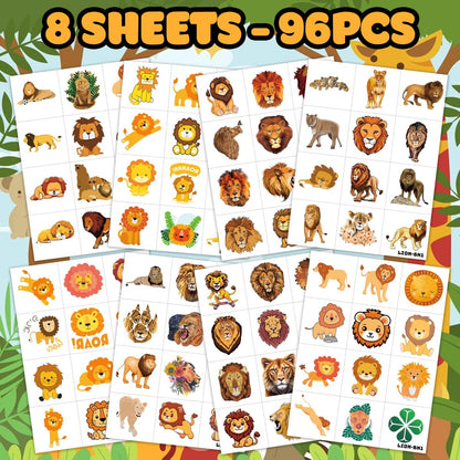 96 PCS Cute Lion Pre-Cut Temporary Tattoos – Safari Jungle Theme Party Decorations, Favors & Stickers for Kids, Adults, Boys, Girls, Classroom Gifts & Rewards