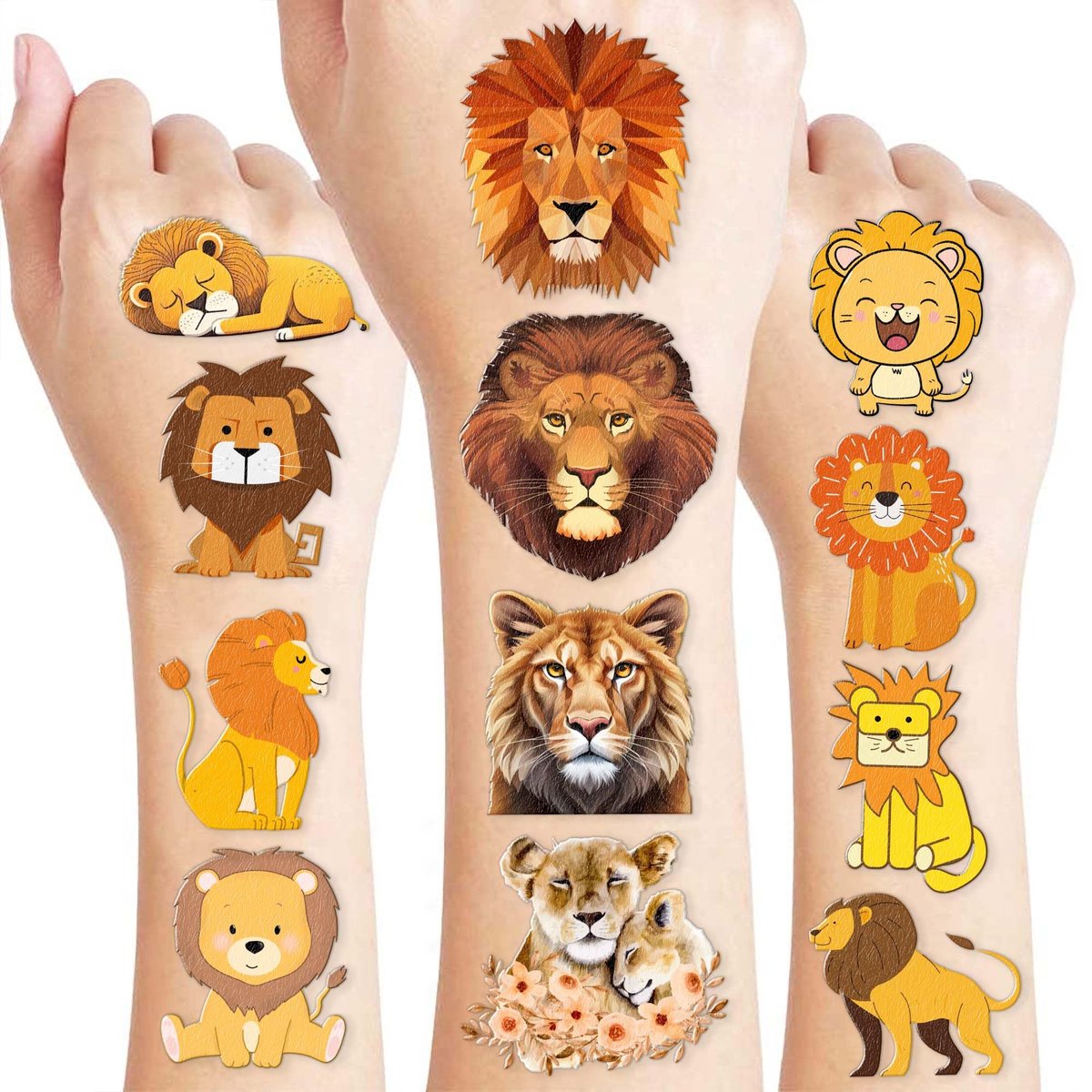 96 PCS Cute Lion Pre-Cut Temporary Tattoos – Safari Jungle Theme Party Decorations, Favors & Stickers for Kids, Adults, Boys, Girls, Classroom Gifts & Rewards - görsel 1