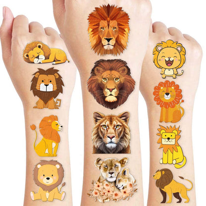 96 PCS Cute Lion Pre-Cut Temporary Tattoos – Safari Jungle Theme Party Decorations, Favors & Stickers for Kids, Adults, Boys, Girls, Classroom Gifts & Rewards