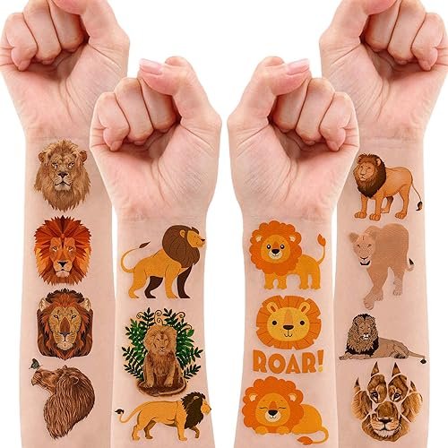 96 PCS Cute Lion Pre-Cut Temporary Tattoos – Safari Jungle Theme Party Decorations, Favors & Stickers for Kids, Adults, Boys, Girls, Classroom Gifts & Rewards - görsel 16