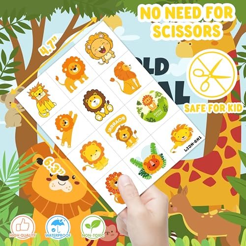 96 PCS Cute Lion Pre-Cut Temporary Tattoos – Safari Jungle Theme Party Decorations, Favors & Stickers for Kids, Adults, Boys, Girls, Classroom Gifts & Rewards - görsel 8