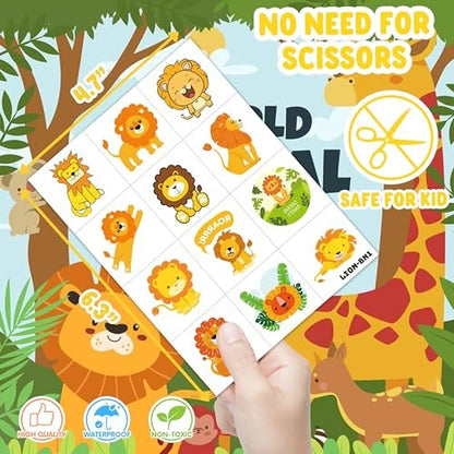 96 PCS Cute Lion Pre-Cut Temporary Tattoos – Safari Jungle Theme Party Decorations, Favors & Stickers for Kids, Adults, Boys, Girls, Classroom Gifts & Rewards