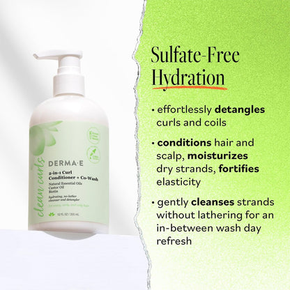 DERMA E Ramos 2-in-1 Curl Conditioner & Co-Wash, 12 Fl Oz - Sulfate-Free Gentle Cleanser & Detangler for Curly Hair Avelisse