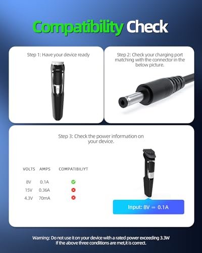 8V Power Cord Compatible with Philips Norelco HQ840, Multigroom Series 3000 MG3750, MG3760 - Replacement Charger Adapter 5Ft - görsel 6