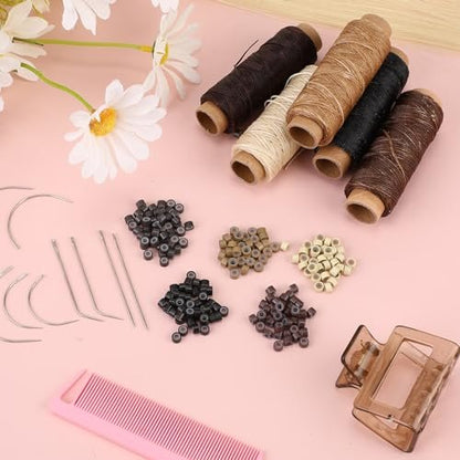 Yuxung 2500 Pcs Hair Extensions Micro Rings Links Beads and 5 Rolls Sewing Thread with 10 C/J/I Needles Kit for Hair Extension Hand Sewing Wig DIY Craft Avelisse