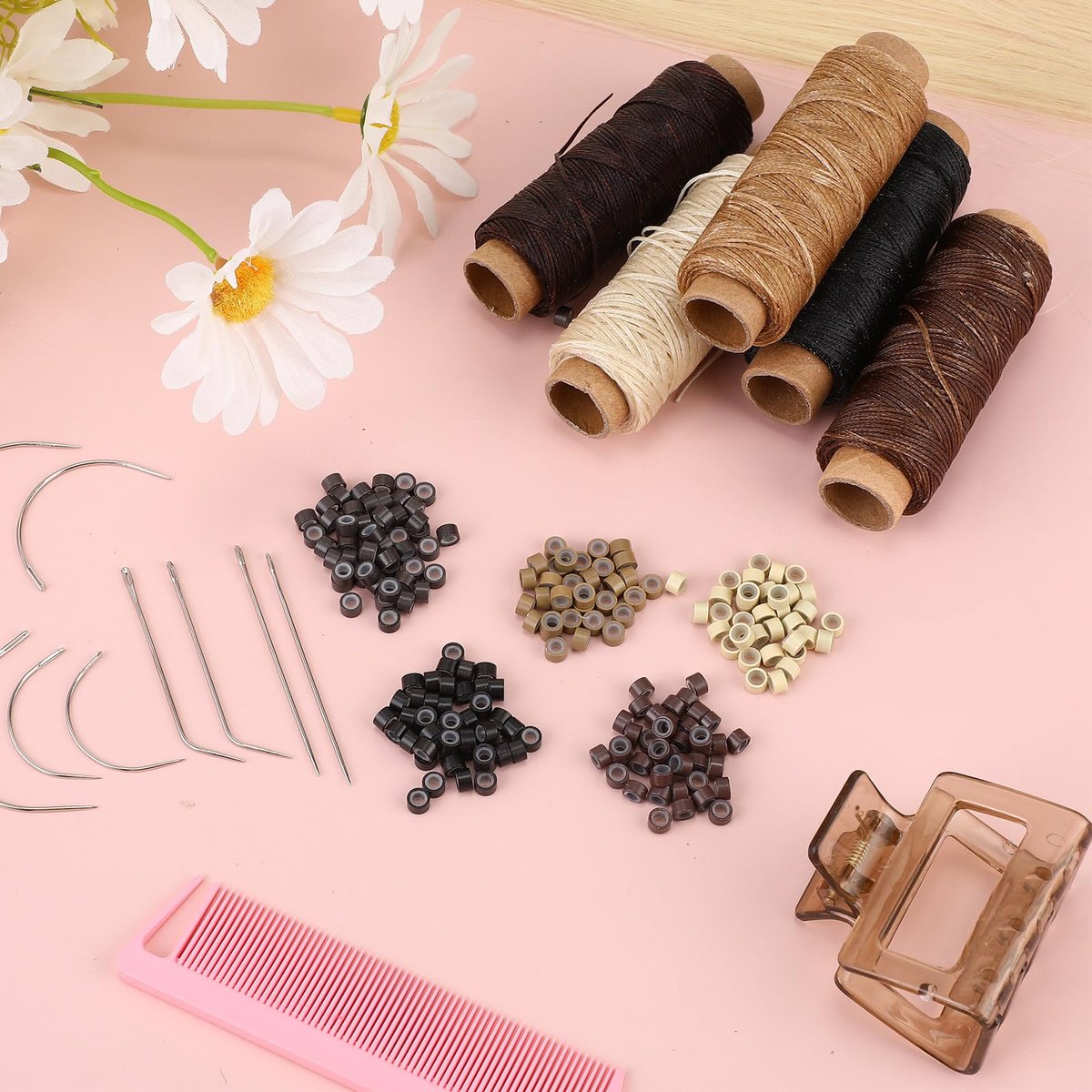 Yuxung 2500 Pcs Hair Extensions Micro Rings Links Beads and 5 Rolls Sewing Thread with 10 C/J/I Needles Kit for Hair Extension Hand Sewing Wig DIY Craft Avelisse