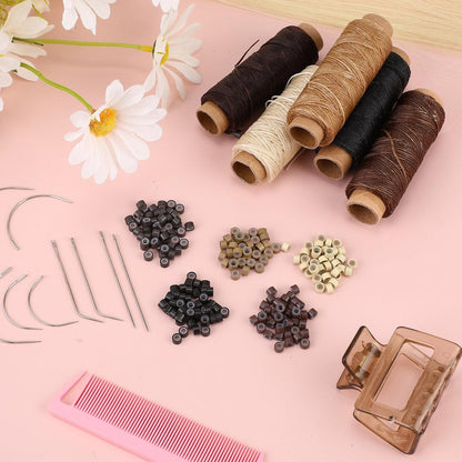 Yuxung 2500 Pcs Hair Extensions Micro Rings Links Beads and 5 Rolls Sewing Thread with 10 C/J/I Needles Kit for Hair Extension Hand Sewing Wig DIY Craft Avelisse