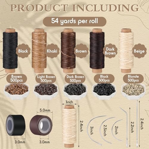 Yuxung 2500 Pcs Hair Extensions Micro Rings Links Beads and 5 Rolls Sewing Thread with 10 C/J/I Needles Kit for Hair Extension Hand Sewing Wig DIY Craft Avelisse