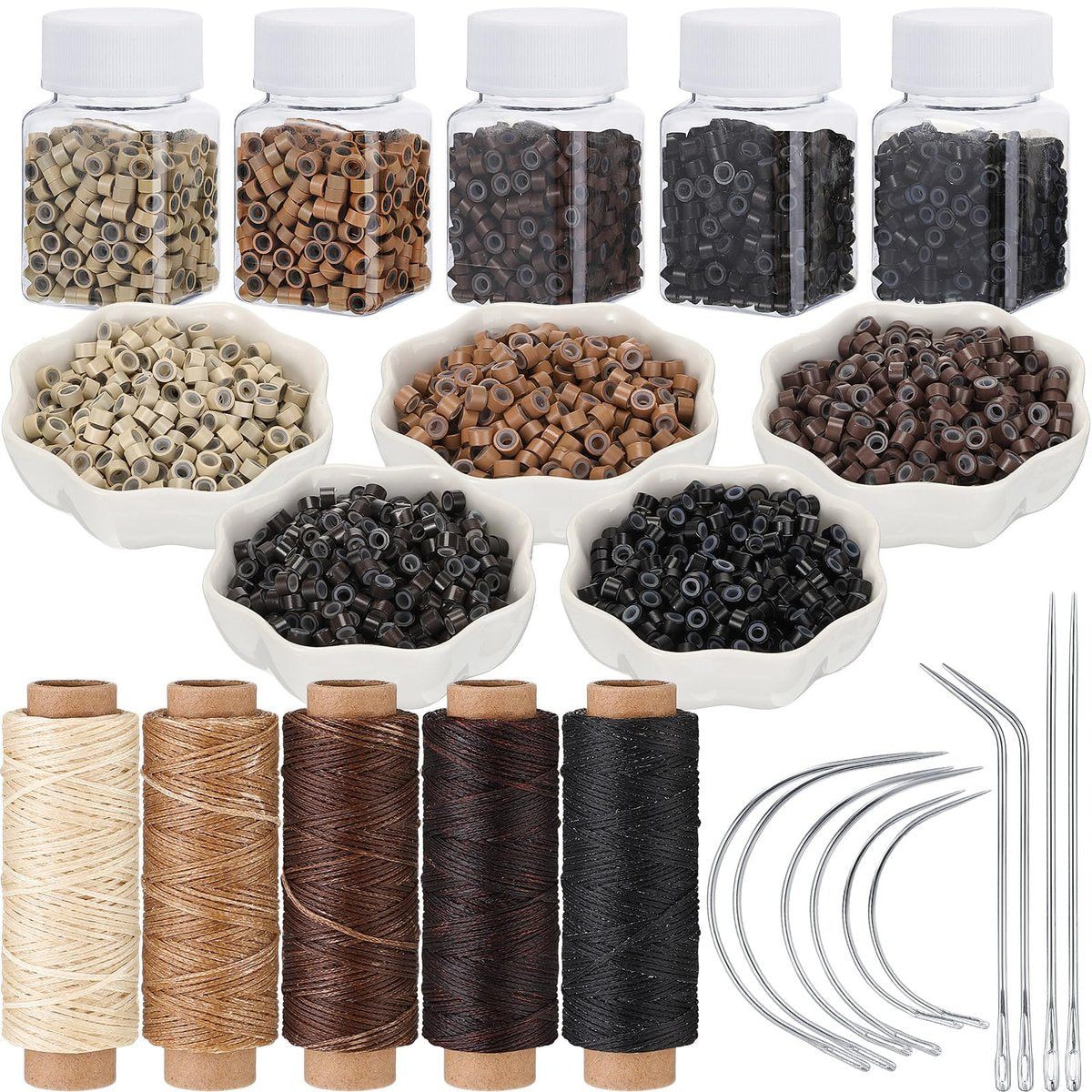 Yuxung 2500 Pcs Hair Extensions Micro Rings Links Beads and 5 Rolls Sewing Thread with 10 C/J/I Needles Kit for Hair Extension Hand Sewing Wig DIY Craft Avelisse