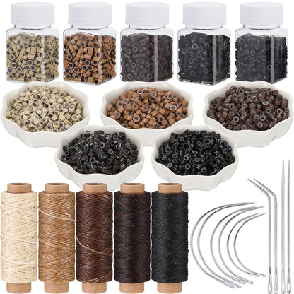 Yuxung 2500 Pcs Hair Extensions Micro Rings Links Beads and 5 Rolls Sewing Thread with 10 C/J/I Needles Kit for Hair Extension Hand Sewing Wig DIY Craft Avelisse