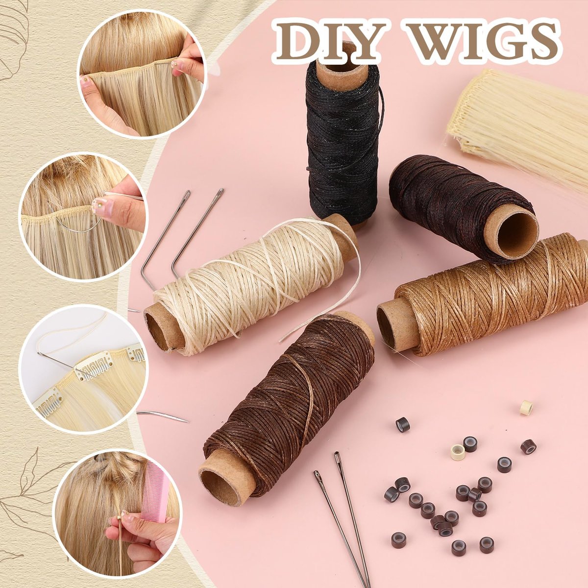 Yuxung 2500 Pcs Hair Extensions Micro Rings Links Beads and 5 Rolls Sewing Thread with 10 C/J/I Needles Kit for Hair Extension Hand Sewing Wig DIY Craft Avelisse