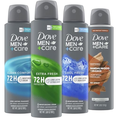 Dove Men+Care Dry Spray Antiperspirant Variety 4-Pack – 72H Sweat & Odor Protection, Non-Irritating with Vitamin E, 3.8 oz Each Avelisse