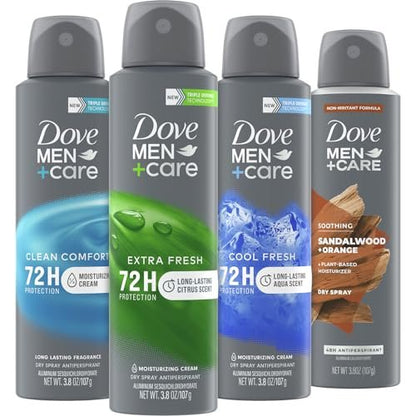 Dove Men+Care Dry Spray Antiperspirant Variety 4-Pack – 72H Sweat & Odor Protection, Non-Irritating with Vitamin E, 3.8 oz Each Avelisse