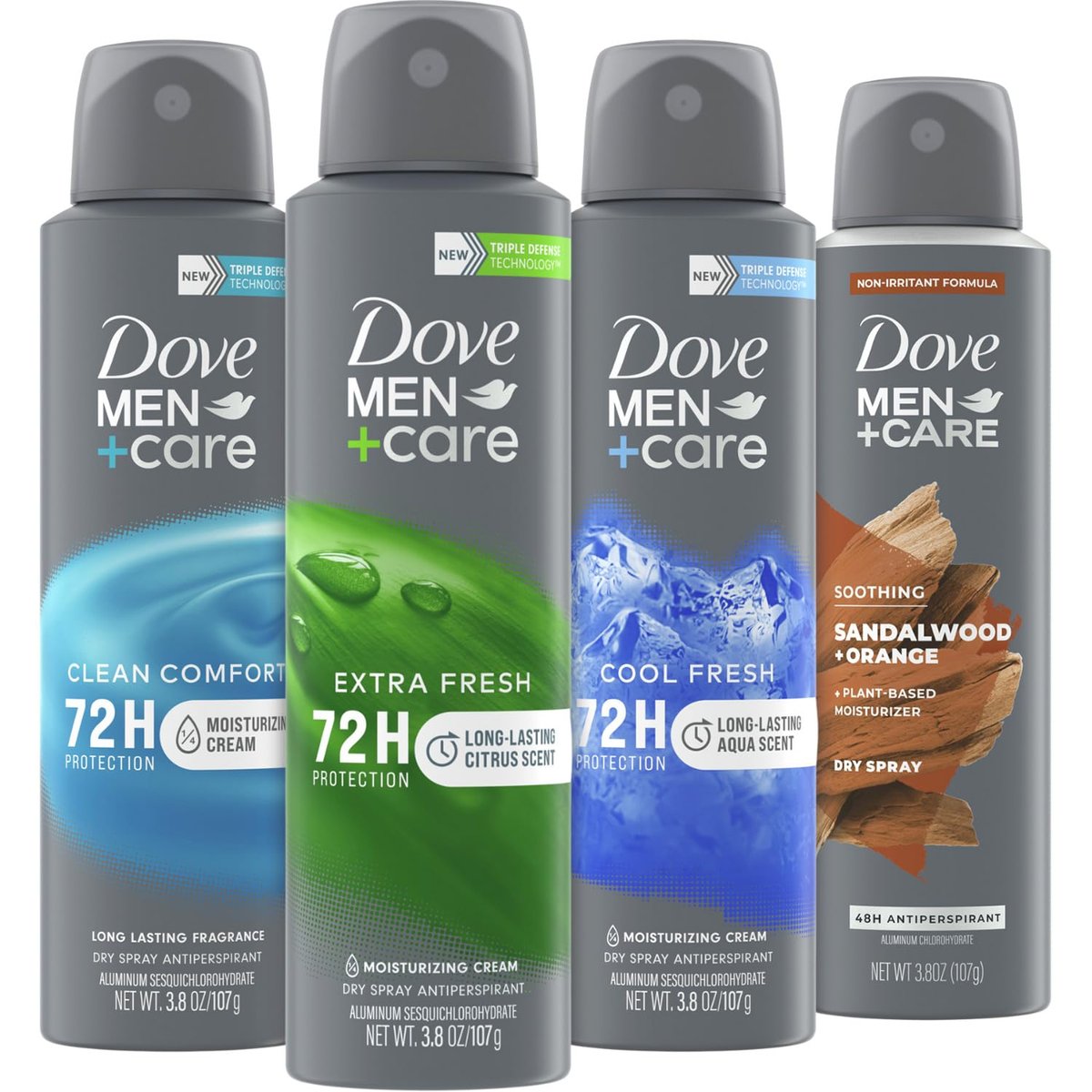 Dove Men+Care Dry Spray Antiperspirant Variety 4-Pack – 72H Sweat & Odor Protection, Non-Irritating with Vitamin E, 3.8 oz Each Avelisse