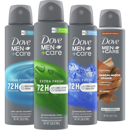 Dove Men+Care Dry Spray Antiperspirant Variety 4-Pack – 72H Sweat & Odor Protection, Non-Irritating with Vitamin E, 3.8 oz Each Avelisse