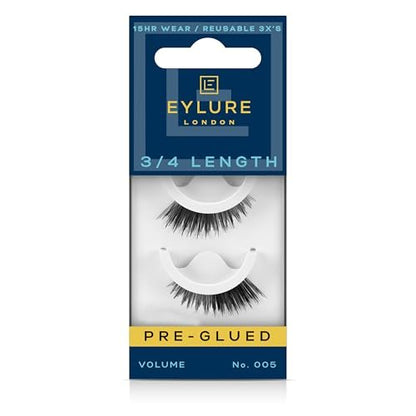 Eylure Press On Pre-Glued False Eyelashes, 3/4 Length Lashes, No. 005, 1 Pair - Natural Black Synthetic Lashes