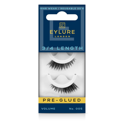 Eylure Press On Pre-Glued False Eyelashes, 3/4 Length Lashes, No. 005, 1 Pair - Natural Black Synthetic Lashes