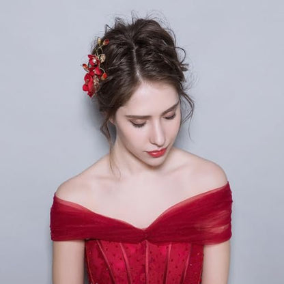 2 Pack Red Rose Floral Hair Clips - Crystal Pearl Flower Bridal Hairpins for Women Girls Wedding Prom Party