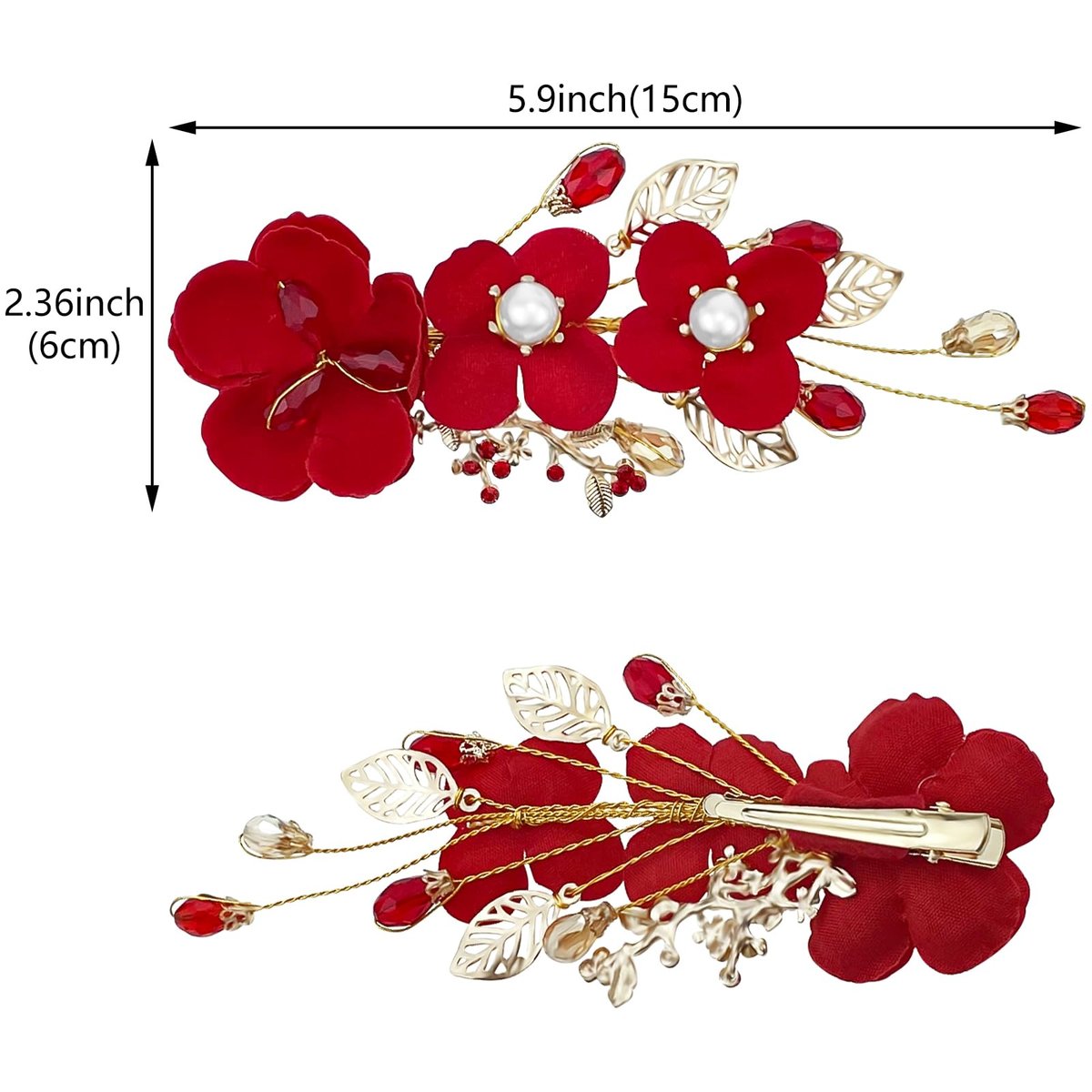 2 Pack Red Rose Floral Hair Clips - Crystal Pearl Flower Bridal Hairpins for Women Girls Wedding Prom Party - görsel 3