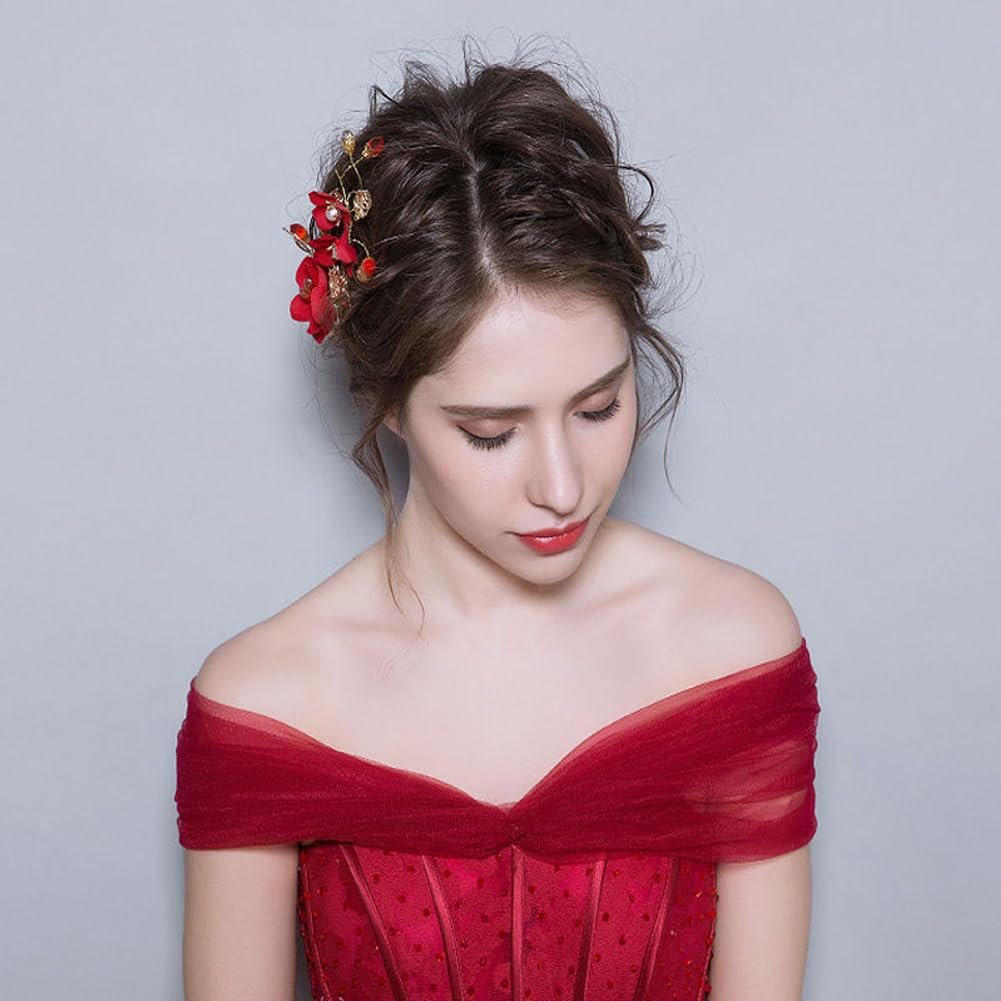 2 Pack Red Rose Floral Hair Clips - Crystal Pearl Flower Bridal Hairpins for Women Girls Wedding Prom Party - görsel 9