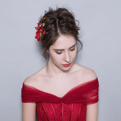 2 Pack Red Rose Floral Hair Clips - Crystal Pearl Flower Bridal Hairpins for Women Girls Wedding Prom Party