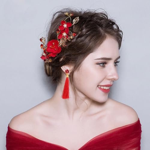 2 Pack Red Rose Floral Hair Clips - Crystal Pearl Flower Bridal Hairpins for Women Girls Wedding Prom Party - görsel 8