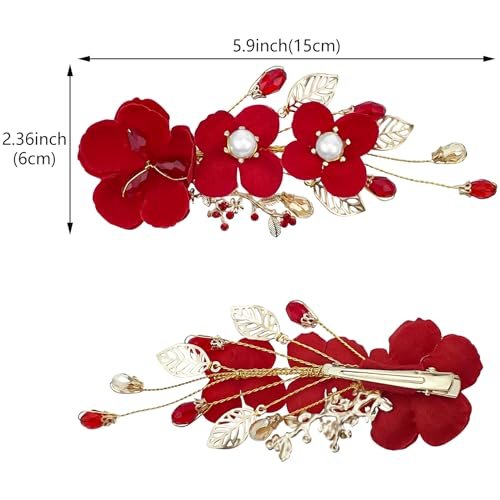 2 Pack Red Rose Floral Hair Clips - Crystal Pearl Flower Bridal Hairpins for Women Girls Wedding Prom Party - görsel 4