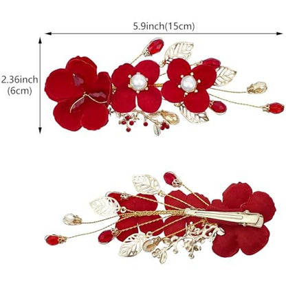 2 Pack Red Rose Floral Hair Clips - Crystal Pearl Flower Bridal Hairpins for Women Girls Wedding Prom Party