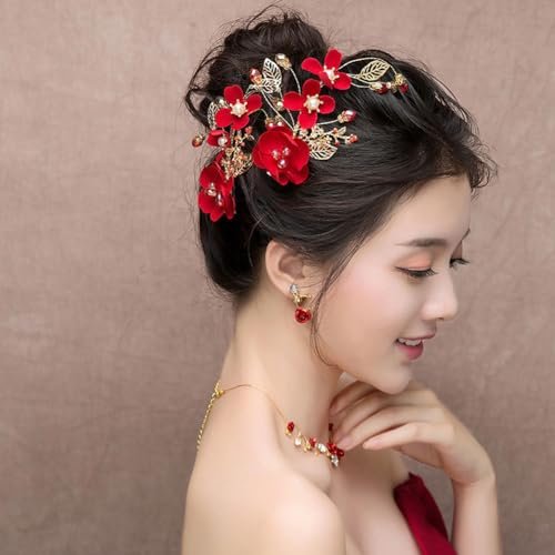2 Pack Red Rose Floral Hair Clips - Crystal Pearl Flower Bridal Hairpins for Women Girls Wedding Prom Party - görsel 14
