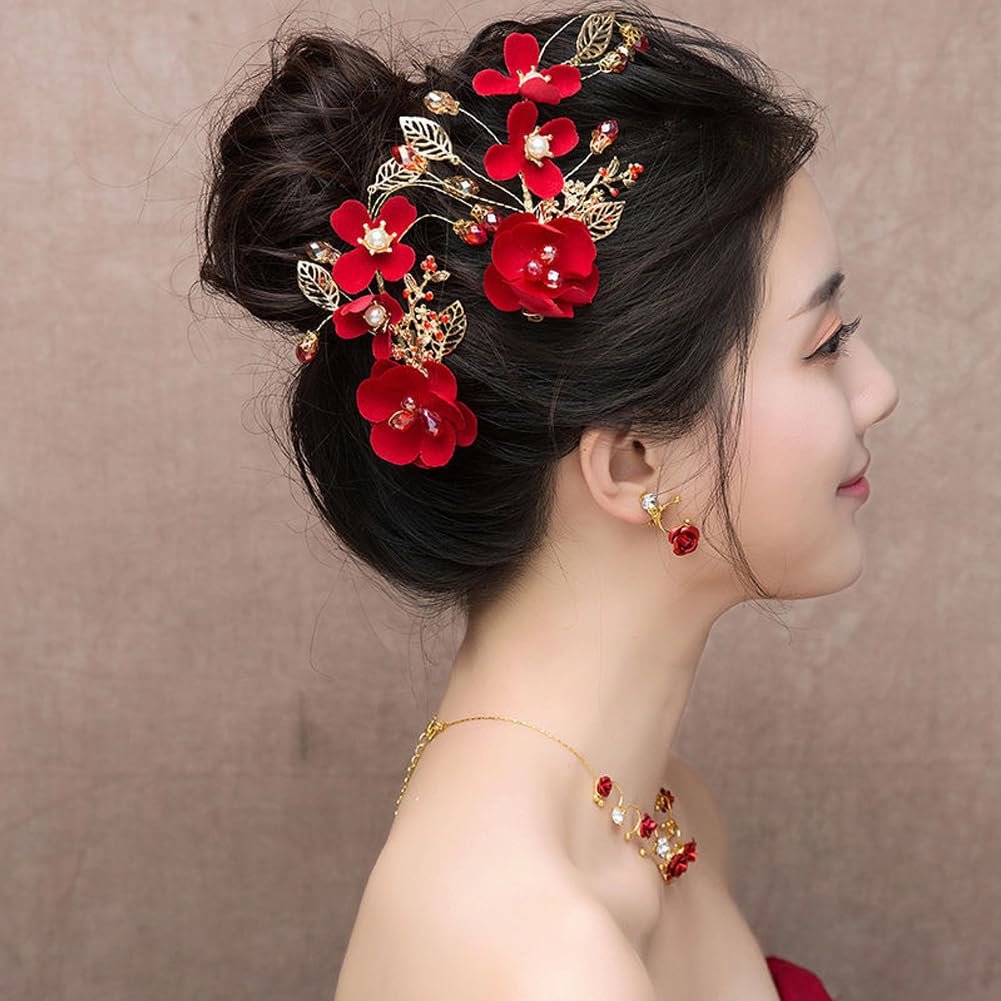 2 Pack Red Rose Floral Hair Clips - Crystal Pearl Flower Bridal Hairpins for Women Girls Wedding Prom Party - görsel 11